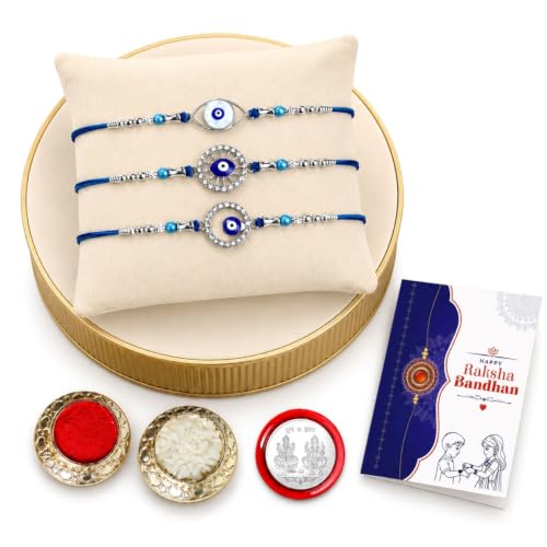 Image of Oblivion 3 Rakhi Combo for Bhaiya, Circle Bead, Big Diamond and War Eye Handmade Threads with Roli Tikka, Silver Color Pooja Coin & Greeting Card | Fancy Rakshabandhan Festive Gift Set, Pack of 6