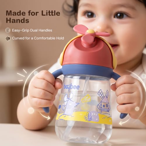 Image of BAYBEE Daffodil 330 ml Baby Sipper Bottle for Kids, Anti Spill Sipper Cup with Soft Silicone Straw with Handle & Rotating Fan | Sippy Cup with BPA Free & Non Toxic for Baby Toddlers 6 Months+ (Pink)