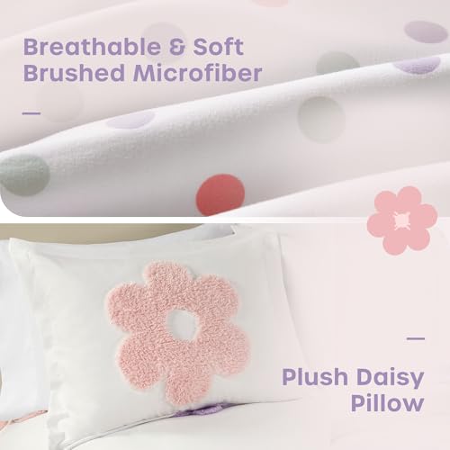 Urban Habitat Kids Twin Comforter Set for Girls, Tufted Chenille Floral Comforter Set Twin, Lightweight Polka Dot Comforter Reversible Bed Set, Sham, Pillow, Gracie, Twin White/Purple 3 Piece