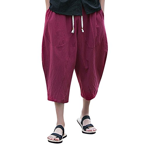 Men's Pants Relaxed Fit Wide Leg Baggy Cropped Pants Mens Summer Cotton Linen Capri Trousers Comfy Plus Size Casual
