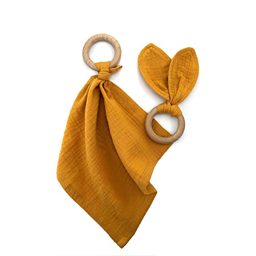 Ensemble de Doudou et Oreilles de Lapin Bio pour Bébé, Anneau de Dentition en Mousseline et Bois et Couverture pour Bébé, Anneau de Dentition en Bois de Mousseline de Coton Biologique à 100% (Jaune)
