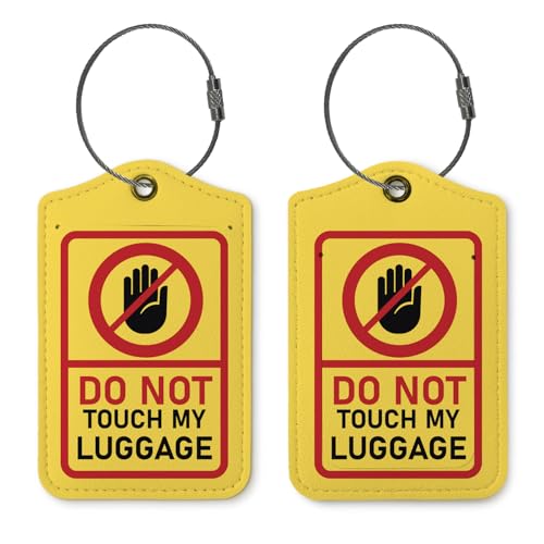 ZFQ Funny Luggage Tags for Suitcases 2 Pack, Do Not Touch My Luggage Warning Sign Yellow PU Leather Bag Tag with Privacy Cover Stainless Steel Loop, Funny Travel Gifts for Women Men