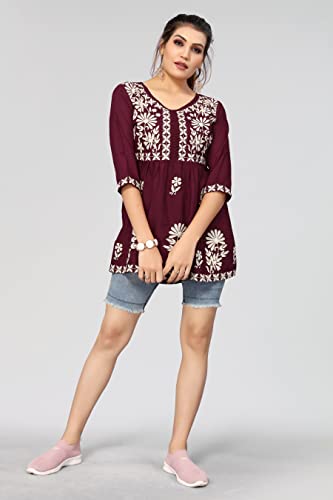 Image of Winza Designer Rayon Chikankari Embroidered Short Kurti | Plus Size Kurta Tunic Top