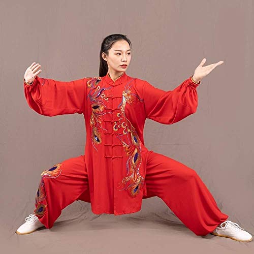 KXLK 2019 New Tai Chi Clothing Embroidery Color Silk Leisure Spring And Summer Chinese Style Performance Tai Chi,Red-M