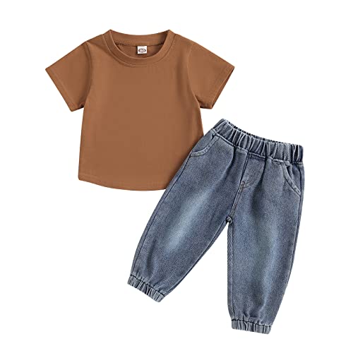 MBMSHEGH Toddler Baby Boys 2Pcs Demin Outfits,Short Sleeve Letter Print T-shirt Tee Tops+Ripped Long Jeans Pants Kids Clothes (C-Coffee, 12-18 Months)