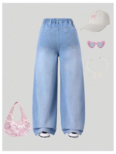 WDIRARA Girl's Cute Bow High Elastic Waisted Denim Pants Basic Baggy Wide Leg Jeans2