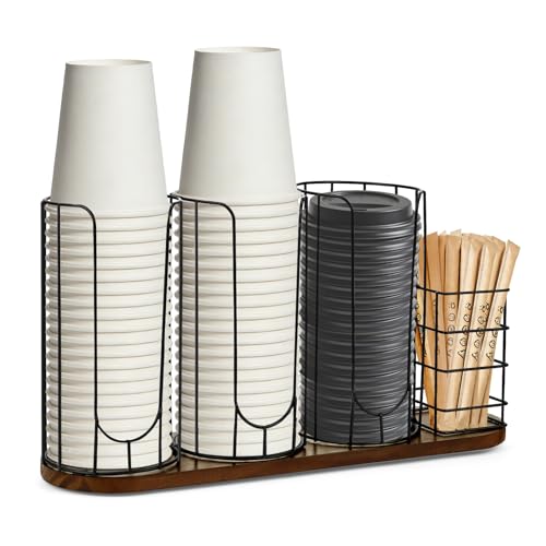 MOJIEZUO 4-Compartment 18oz Coffee Cup Dispenser Rack with Wood Base, Disposable Cup Holder,Cup and Lid Holder with Straw Organizer,for Stirrers Pod Countertop, Plastic Cup Station
