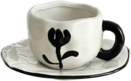Irregular Coffee Cup Saucer Creamware Ceramic Set with Rounded Handles Mugs