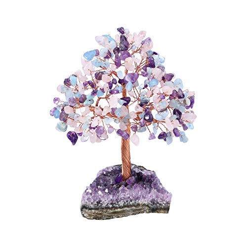 Jovivi Natural Amethyst + Aquamarine + Rose Quartz Healing Crystal Money Tree on Amethyst Cluster Geode Druzy Base Feng Shui Crystals for Home Office Desk Decorations, Wealth, Good Luck