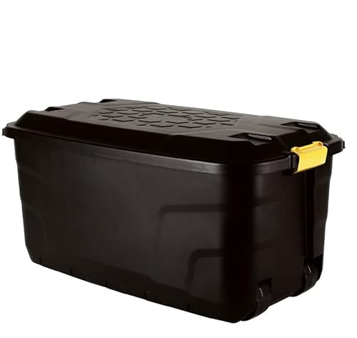 Samuel ALEXANDER 75L Heavy Duty Trunk on Wheels Sturdy, Lockable, Stackable and Nestable Design Storage Chest with Clips in Black