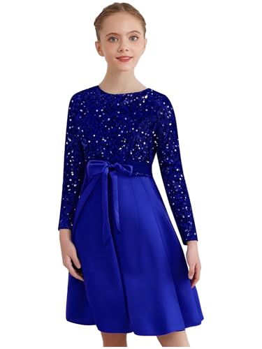 Vestido de fiesta con lentejuelas para niñas con manga larga plisado de cintura alta para gala