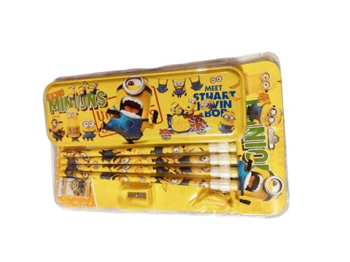 Image of Kidox Stationery Set for Kids- Birthday Gift for Girls, Boys - Metal Geometry Box for Girls & Boys Kids Pencil Box Set, Pencil Case Set, Pencil, Erasers, Sharpener for Children-Yellow-Minions