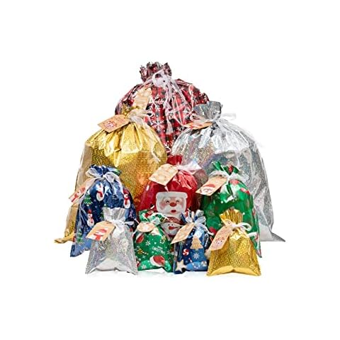 42pcs Christmas Drawstring Gift Bags, 8 Designs and 6 Sizes Assorted Large Medium Small Xmas Gift Bags Christmas Wrapping Bags with Drawstring Reusable Christmas Present Bags for Xmas Holiday Party Cover