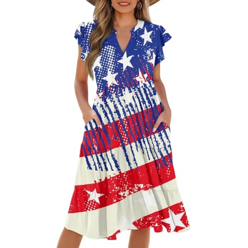 Image of Womens Summer Dress Ruffle Sleeve V Neck Dress Casual Fit Flowy Beach Vacation Sundress with Pocket S-2XL