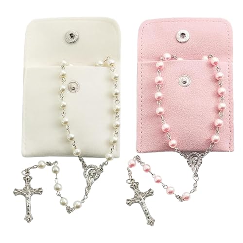 ZKFSIE 2pcs Rosary Beads Catholic Women Set Necklace with White and Pink Light Pink and Beige Bags Meditation Rosary Beads First Holy Communion Religious Ceremonies