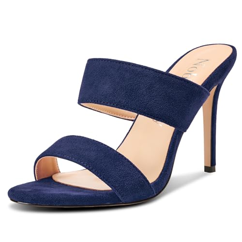 Image of NobleOnly Womens Round Open Toe Heeled Sandals Two Strap Stiletto High Heel Sandals Backless Dress Slip-on Mules Sandals 3.9 Inches Heels