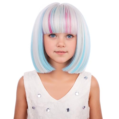 Image of PATTNIUM Kids Blonde Blue Mixed Pink Wig with Bangs Girls Short Colorful Wig Women Rainbow Bob Wigs Synthetic Party Costume Cosplay Halloween Wigs
