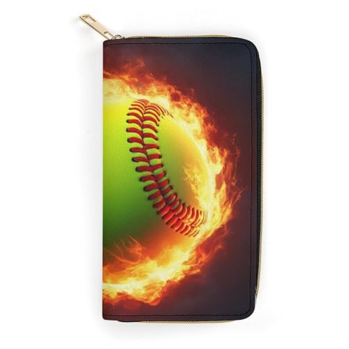 Fashion Decor Wallet, Long PU Zipper Wallet, Travel Purse Fashion Design, Huge Storage Capacity PurseFire Flame Softball Baseball Ball