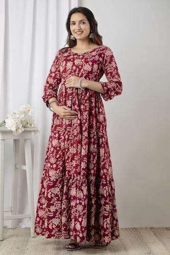 Henal Women's Cotton Maternity Dress Pregnancy Casual Long Sleeve Dual Zipped for Feeding Nursing Maternity Dress Kurti