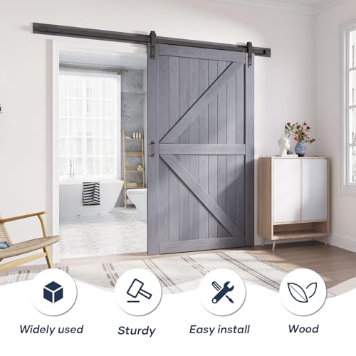Image of FREDBECK Barn Door 48 x 84 Grey Wood Door, Fit 44 inch-46 inch Opening,K Shape