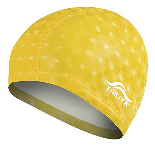 Boomly Gorro de Baño de PU Impermeable Gorros de Natacion Flexibles Adulto Hombre Mujer Comodo Ligero Verano Piscina Mar Sombrero de Natación (Amarillo) Cover