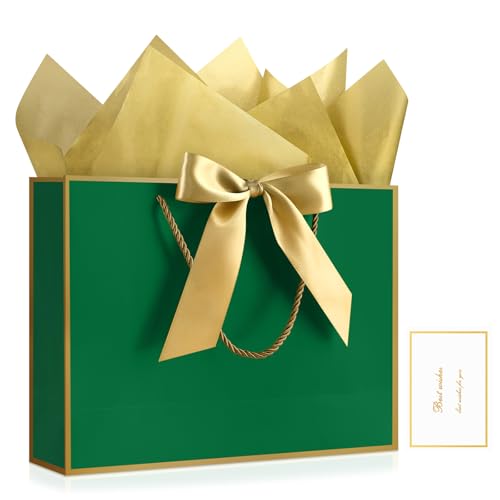 Image of JMANNI Gift Bags with Handles, 13 inch Medium Gift Bag for Presents, 1 Pcs Bags with 2 Tissue Paper and 1 Cards for Baby Shower Wedding Bridal Shower Mother's Day Birthday Party (DarkGreen-Gold