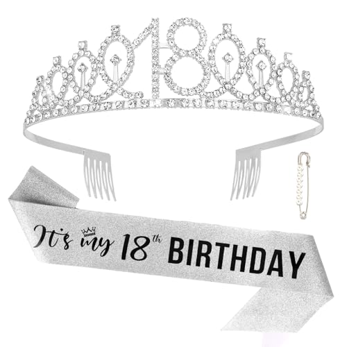 Semato 18th Birthday Decorations for Girls Silver 18th Birthday Crown and Sash Gifts for Girls Party Supplies and Favors