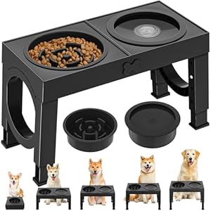 X XBEN 3-in-1 Gamelles Surélevées de 5 Hauteurs Ajustables, Gamelle pour Chien avec 1L Gamelle Anti-Glouton et 1,4L Gamelle Anti-éclaboussures, Antidérapant, pour Chien de Taille Moyenne et Grande