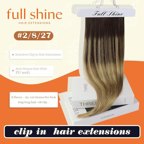 Image of Full Shine Seamless Hair Extensions Clip in, Balayage Brown to Blonde 14 inch | 120g 8 Pcs, Invisible Ultra-Thin PU Weft, Remy Human Hair, Natural Fullness, Easy to Apply, Everyday Styling, Formal Event
