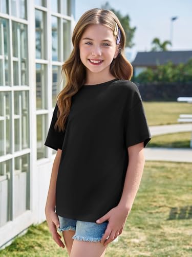Haloumoning Girls Short Sleeve T Shirts Kids Summer Oversized Tops Casual Crewneck Basic Tees 5-14Y3