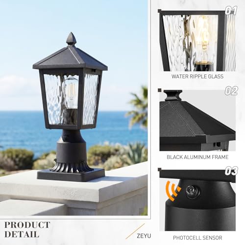 Image of zeyu Lantern Post Light Fixture with Photocell Sensor, 13.7 Inch Dusk to Dawn Outdoor Post Lighting, Exterior Pole Lighting Fixture with Water Ripple Glass, 20076PS-PC BK-WP
