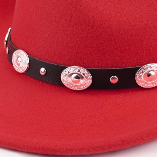 Image of DRESHOW Women Men Classic Felt Wide Brim Western Cowboy & Cowgirl Cap Belt Buckle Retro Panama Hat Unisex Rolled up Caps