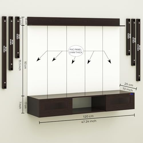 Image of Anikaa OriloPro Engineered Wood Wall Mount TV Unit with PVC Back Panel, Acrylic Blue LED Storage Box, Side Wooden Accent Spot Light Panels I Deal for Up to 50 Inch TV (Wenge - DIY Installation)