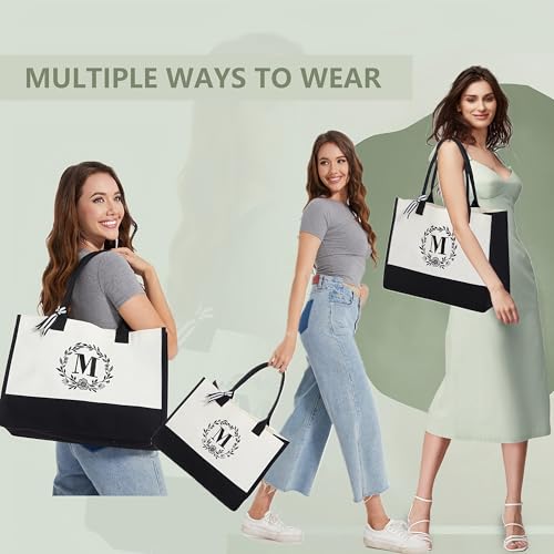 Image of BeeGreen Embroidery Monogram Initial Tote Bag for Women Teacher Mom Friend Personalized Gift for Birthday Beach Work Wedding
