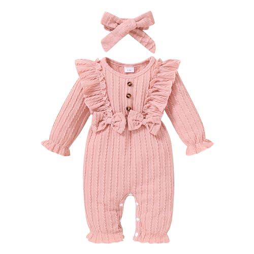 Image of Happy Town Baby Girl Romper Infant Fall Winter Clothes Ruffle Sweater Long Sleeve Bodysuit Jumpsuit and Headband