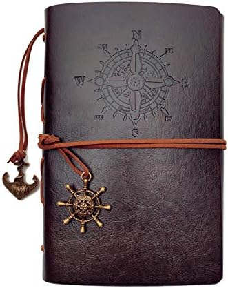 MODANA Leather Journal Refillable Notebook Premium Retro Spiral Notebook Classic Binder Vintage Embossed Travelers Journal with Blank Kraft Paper and Retro Pendants (A6, Coffee)