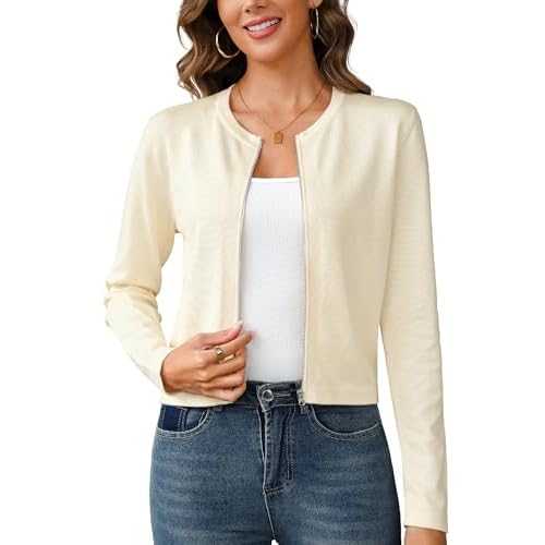 Totatuit Womens Long Sleeve Knitted Zip-Up Cardigan Sweaters Lightweight Crew Neck Cropped Shrug Fall Sweatshirts Jacket Beige X-Large