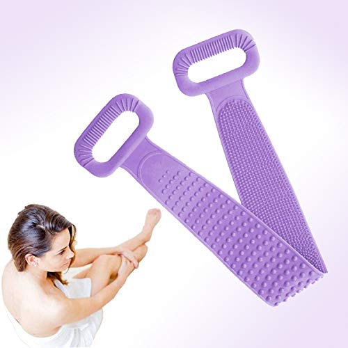 Silicone Bath Body Back Scrubber 32'' Lengthened, Exfoliating Shower Brush with Long Handle, Double Sided Body Back Washer, Spa Massage for Sensitive and All Kinds of Skin(Purple)