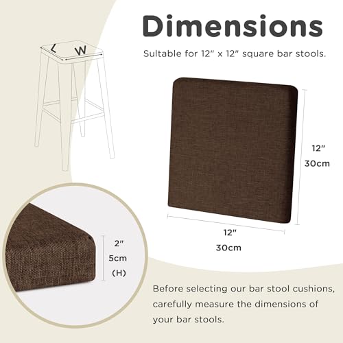 Image of AddGrace Anti-Slip Bar Stool Cushions Square Bar Stool Seat Cushions with Ties Set of 4 Small Square Chair Pads with Machine Washable Cover 12 inchX12 inchX2 inch (Coffee)