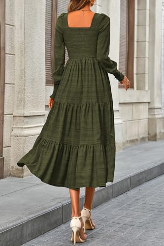 CFLONGE Women's Fall Dresses 2025 Puff Long Sleeve Square Neck Dress High Waist Smocked A-Line Flowy Wedding Party Maxi Dress4