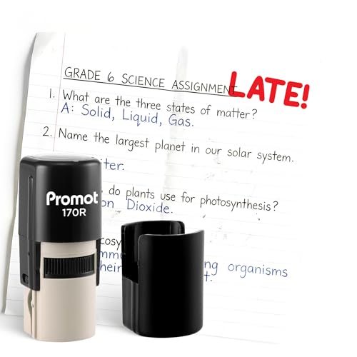 Promot - Self-Inking Stamps for Teachers, Round Rubber Stamp for Grading & Feedback. Quick-Dry Ink Stamps, Clear Imprint, Refillable Classroom Stamp & No-Mess Design (Late)