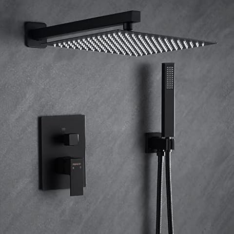 Fransiton 10 Inches Matte Black Shower System Rain Shower System Set Wall Mounted, Rainfall Shower Head with Handheld, Bathroom Shower Kit (Valve Included) Cover