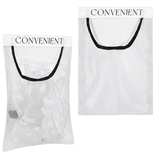 2 Pack Carrier Bag Storage Bag Holder for Plastic Bags Trash Bags Holder Sticky Wall Mount Mesh Organizer for Kitchen Bathroom Grocery Shopping Garbage Bags