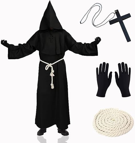 XCMVCN Mönch Robe Mittelalter Renaissance Robe, Herren Kapuze Mönch Robe Priester Kostüm, mit Kreuz-Halskette, Handschuhe und Kordel,Halloween, Karneval und Rollenspiel Kostüme