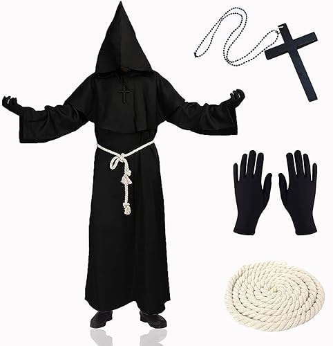 XCMVCN Disfraz Monje, Túnica Medieval Renacentista, Halloween Túnica de Monje Capucha para Hombre, Halloween carnaval y trajes de rol (Negro,XXL)