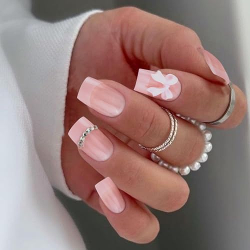 VOTACOS Light Pink French Tip Press on Nails Short Square Acrylic Fake Nails Press Ons with Glue 24PCS 3D Bow Glue on Nail with Design Cute Rhinestones Stick on False Nail for Women and Girls — view 2