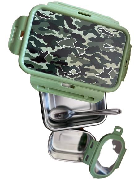 Eluxum HOT Meal Stainless Steel Lunch Box (1BIG CON.1SMALL CON.&1SPOON (Mlitary) 2 Containers Lunch Box 900 ml,