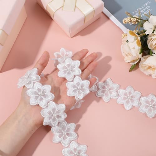 Shimmeroo 2Yards 3D Organza Flowers Lace Appliques Embellishments,Flower White Lace Trim for Sewing Trim & Embellishments Crafts Flower Applique Handmade DIY Dress Decor Wedding Dresses - Thumbnail 2