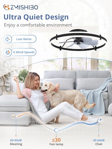 Image of ZMISHIBO 24 Inch Ceiling Fans with Lights and Remote, Modern Low Profile Ceiling Fan, 3000-6000K Dimmable Flush Mount LED Fan Light, 6 Wind Speeds, Fandelier Ceiling Fans for Bedroom- Black