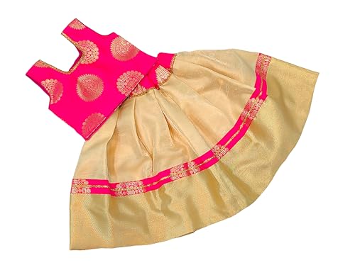 Hot Pink Banarasi Brocade Silk Top and Golden Brocade Silk Skirt Kids Lehenga Choli, Lehenga Set for Girls,2